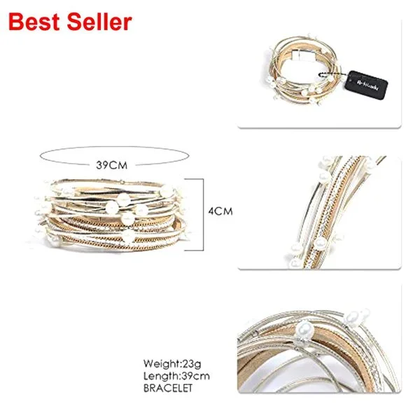 Leather Wrap Bracelet with Imitation Pearl Beads Handmade Magnetic Clasp - Picture 6 of 7